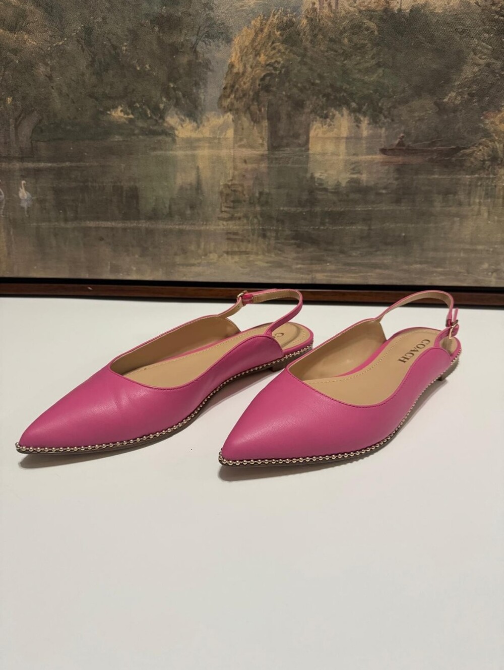 Coach Bright Pink Petunia Pointed-Toe Slingback Flats with Metallic Trim